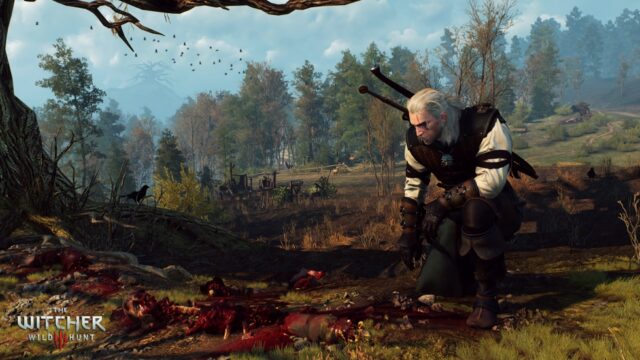 Geralt of Rivia investigating the site of a monster attack