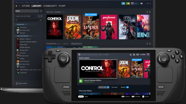 Steam Deck showing the Steam Deck UI as compared with the Steam desktop application.